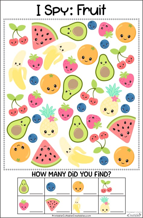 Free Printable Fruit I Spy Game - Free Kids Creatables Fruit Games For Kids, I Spy Printables For Kids Free, Food Games For Kids, Fruit Games, Food Activities For Kids, Spy Games For Kids, Coloring Games For Kids, Kids Fruit, Printable Games For Kids