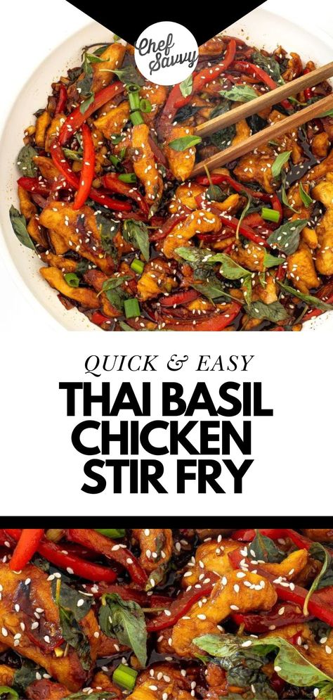 Save this Quick & Easy Healthy Thai Basil Chicken Stir Fry. It is loaded with tons of fresh vegetables. It makes one of the best 30 minute one Skillet meals. Follow Chef Savvy for more healthy chicken dinner recipes and ideas! Chicken Basil Recipes, Chef Savvy, Thai Basil Chicken, Wok Recipes, Stir Fry Recipes Chicken, Healthy Chicken Recipes Easy, Basil Recipes, Basil Chicken, Summer Recipes Dinner