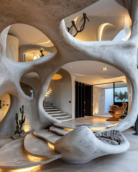 Verdant Haven by Maedeh Hemati @mah_design_architecture 🔗 https://www.amazingarchitecture.com/visualization/verdant-haven-by-maedeh-hemati Embracing Nature’s Curves: A Modern Villa of Organic Beauty Maedeh Hemati: Step into a world where architecture blends seamlessly with the natural landscape, where every curve and contour is a tribute to the beauty of organic forms. Our modern villa is a sanctuary of serenity, designed to harmonize with the surrounding environment while offering luxuri... Desert Modern House, Organic Architecture Design, Cave Design, Mediterranean Styles Interior, Moroccan Style Interior, French Style Interior, Log Home Living, Earthship Home, Dream Beach Houses