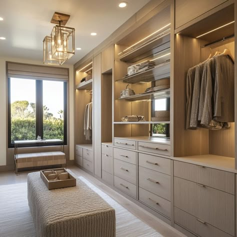 Master Closet Island With Bench, Women’s Walk In Closet Organization, Closet With Vaulted Ceiling, Jack And Jill Closet Ideas, Closet Room Luxury, Luxury Master Closet, Dressing Area In Bedroom, Bedroom With Dressing Area, Walk In Closet With Island