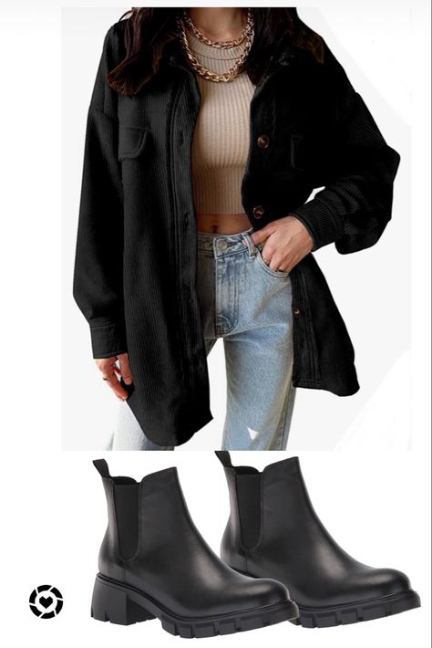 Crop Top Outfit Winter, Black Shacket Outfit Women, Black Shacket Outfit, Oversized Crop Top Outfit, Oversized Boots, Shaket Jacket Outfit, Crop Top Outfits Winter, Chunky Boots Outfit, Shacket Outfit Women