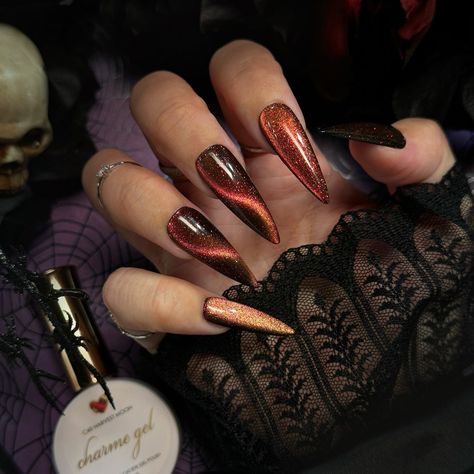 Swipe to watch the NEW Enchanted Chameleon Cat Eye Charme Gels color shift 😻✨ Are you loving the new gels? Vote in the comments 👇 Comment “ENCHANTED” for the direct link to shop! 🔗 Save & share for spooky Halloween & fall nail inspo! 🍁🎃 Follow @daily_charme for more nail trends! 💅 #cateyenails #spookynails #velvetnails #colorshiftingnails #nailarttrends #diynails #nailpoll #nailtech #nailartsupplies #nailart #gelnails #nails #fallnails #halloweennails #halloween2024 #beetlejuicenails #hallo... Cat Eye Polish Halloween Nails, Cat Eye Nails For Fall, Autumn Nails Cat Eye, Bronze Cat Eye Nails, Pointy Fall Nails, Black And Orange Cat Eye Nails, Dark Pink Cat Eye Nails, Cateye Halloween Nail Designs, Fall Cats Eye Nails