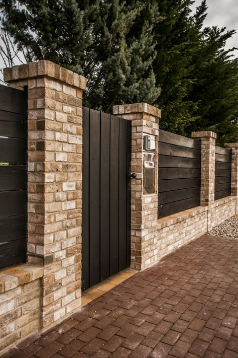 Stone Fence With Gate, Brick Gate Entrance Driveway, Brick Wall Front Of House, Brick Front Fence, Brick Fence Ideas Front Yard, Brick Driveway Ideas, House Fence Ideas, Driveway Walls, Gate Wall Design