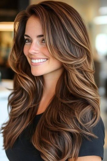 Save this pin for the best brunette hair colors for fall. These thick waves blend rich chocolate brown with warm caramel highlights for a stunning fall look. The dimensional shade adds striking depth to long, flowing locks. Fall Caramel Hair Color, Dark Hair With Brunette Highlights, Mocha With Highlights, Long Hair Highlights Brown, Long Chocolate Brown Hair With Highlights, Brown With Gold Highlights, Medium Brown Hair With Golden Highlights, Brunette Hair Color For Fair Skin Blue Eyes, Dark Hair Honey Highlights