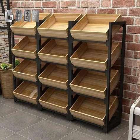 Wooden Planter Stand, Supermarket Design Interior, Vegetable Rack, Store Shelves Design, Bakery Shop Design, Bakery Design Interior, Vegetable Shop, Grocery Store Design, Desain Pantry