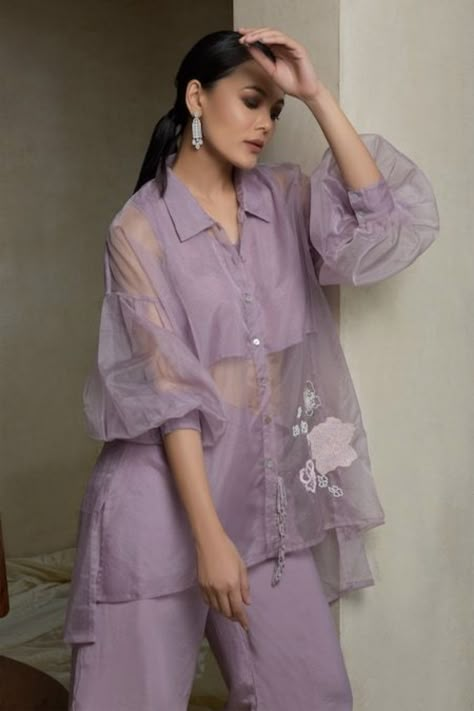 Purple Organza Shirt - TheFlourishHouse Purple Silk Shirt, Organza Tops, Organza Kurti, Silk Kurti Designs, Organza Shirt, Coord Sets, Silk Pant, Cord Set, Bridal Wedding Dress