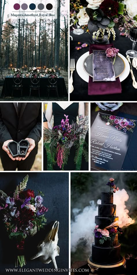 dark moody purple jewel tone halloween fairytale wedding Moody Fall Wedding, Dark Romantic Wedding, Gothic Wedding Theme, Spooky Wedding, Dark Wedding Theme, Halloween Themed Wedding, Jewel Tone Wedding, Goth Wedding, Dark Wedding