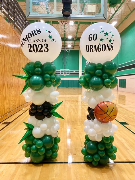 Sports Banquet Balloons, High School Sports Banquet Decorations, Basketball Booster Club Ideas, Basketball Balloon Columns, Homecoming Balloon Ideas, Senior Fundraising Ideas High Schools, Basketball Senior Night Decorations, Senior Night Balloon Ideas, Senior Night Balloons