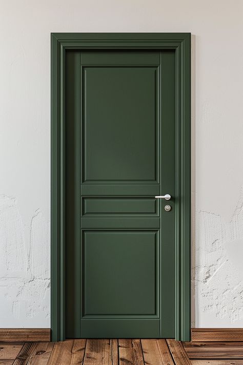 A stylish interior door painted in sage green, set against a white wall and wooden floor, showcasing one of the best sage green paint colors. Door Color For White Walls, Green Accent Doors Interior, White Walls Green Doors, Dark Green Closet Doors, Colored Inside Doors, Olive Green Interior Doors, Painted Pocket Doors, Different Color Interior Doors, Interior Accent Door