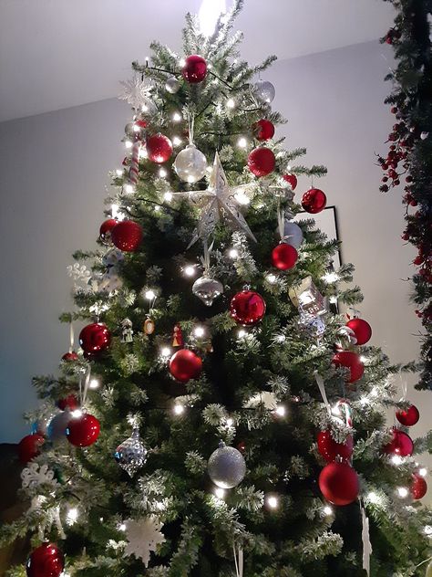 Red And Silver Decorated Christmas Tree, Red And Silver Ornaments Christmas Tree, Red Silver Black Christmas Decor, Gray And Red Christmas Tree, Silver Red And White Christmas Decor, Red Sliver White Christmas, Red White Xmas Tree, Red And Silver Xmas Tree, Silver Red Christmas Decor