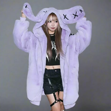 Fluffy Kawaii Bunny Ear Jacket - Oversized Autumn Hoodie Estilo Harajuku, Womens Faux Fur Coat, Black Faux Fur Coat, Plush Coat, Purple Coat, Fluffy Jacket, Coat For Women, Fall Hoodies, Fur Coats Women