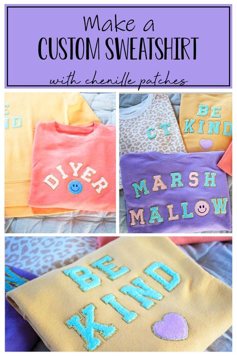 Iron Sweatshirt Ideas, Sweatshirt Diy Paint, Stoney Clover Sweatshirt Diy, Iron On Letter Patches Ideas, Iron On Letter Patches Sweatshirt Ideas, Sweatshirt Iron On Ideas, Iron Letters On Shirt Diy, Diy Letter Patch Sweatshirt, Things To Put Patches On