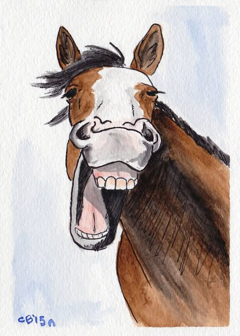 Horse Laughing, Easy Horse Drawing, Painting Horses, Watercolor Horse Painting, Horse Art Drawing, Horse Cartoon, Animal Caricature, Horse Sketch, 얼굴 그리기