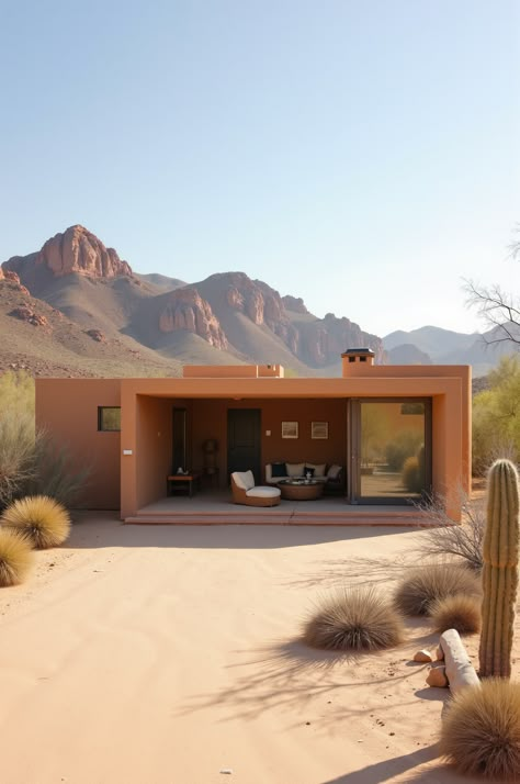 Experience tranquility in this minimalist desert retreat. This single-story home features a flat roof for optimal solar gain, a smooth stucco exterior, and sliding glass doors that open onto a shaded patio. Enjoy breathtaking views of sand, rock formations, cacti, and desert plants. #DesertHome #MinimalistLiving #SustainableDesign Desert Homes Exterior Arizona, Modern Desert Home Exterior, Smooth Stucco Exterior, Desert Style Home, Desert Home Exterior, Arizona Houses, Smooth Stucco, Shaded Patio, Desert Villa