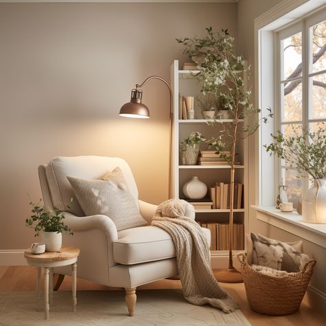 Formal Living Room Reading Room, Reading Nook Plants Cozy Corner, Reading Place Ideas, Reading Corner House, Small Side Chairs Living Room, Extra Living Space Ideas, Read Corner Living Room, Reading Book In Living Room, Cost Reading Corner