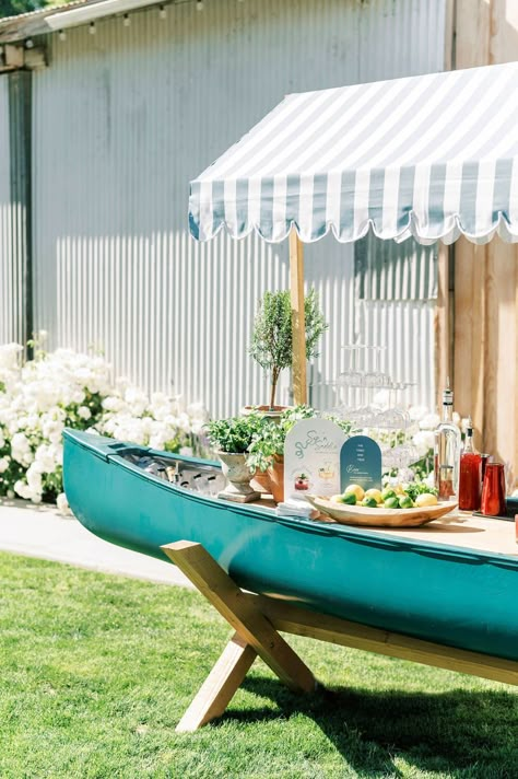 Wedding Mini Bar, Lake Backyard Wedding, Canoe Bar Ideas, Canoe Ice Cooler Wedding, Canoe Cooler Wedding, Canoe Drink Station, Self Serve Bar Wedding, Canoe Drinks Wedding, Canoe Bar Wedding