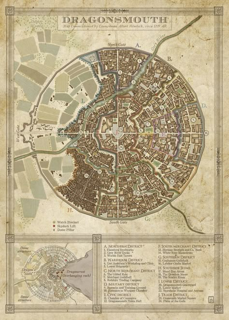 A city map commisioned for Steel and Steam, an upcoming fantasy steampunk kickstarter run by Silverhold Studios. Ville Steampunk, Steampunk City, Fantasy City Map, Fantasy Map Making, Map Layout, Dnd World Map, Imaginary Maps, Fantasy Town, Fantasy World Map