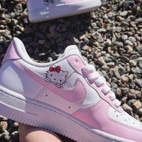 Custom Pink Y2K Hello Kitty Air Force ones Pink Y2k Shoes, Cute Nike Shoes Size 2, Custom Nike Shoes Cute, Hello Kitty Air Force, Sketchers Heart Shoes, Nike Shoes With Desgins, Custom Nike Shoes Cool, Nike Air Force 1 Heart, Nike Air Jordan 1 Low Pink