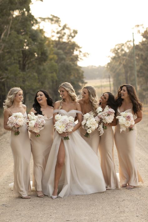 Beige Wedding Theme, Beige Wedding Dress, Women Standing, Off Shoulder Wedding Dress, Champagne Bridesmaid Dresses, Champagne Bridesmaid, A Line Bridal Gowns, Beige Wedding, Neutral Wedding