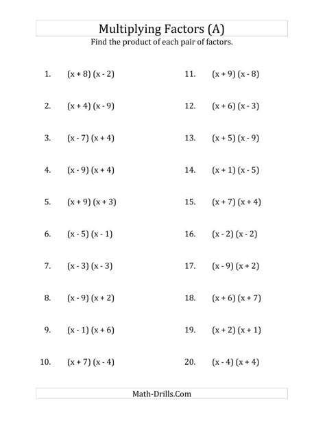 The Multiplying Factors of Quadratic Expressions with x Coefficients of 1 (A) Math Worksheet from the Algebra Worksheets Page at Math-Drills.com. Algebra Equations Worksheets, Solving Algebraic Equations, Multiplying Polynomials, Factoring Quadratics, 9th Grade Math, Algebra 2 Worksheets, Pre Algebra Worksheets, Literal Equations, Equations Worksheets