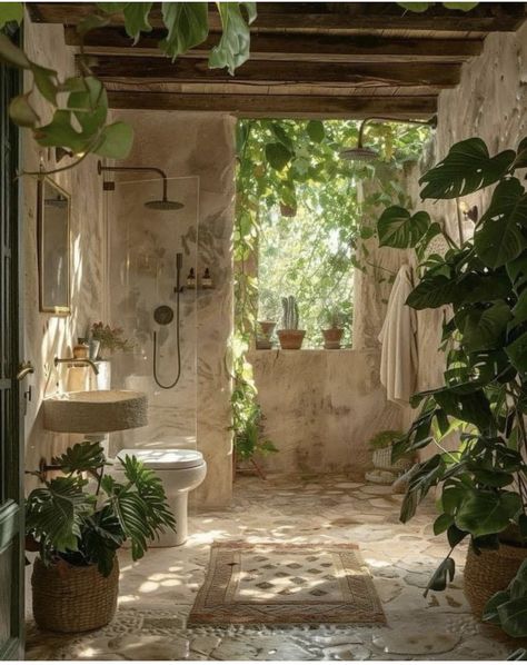 Monstera Interior Design, Beach Toilet Ideas, Natural Bathroom Inspiration, Italian Bathroom Aesthetic, Plants In Shower Aesthetic, Natural Shower Design, Open Shower Bathrooms, Shower Inspo Bathroom, Brazilian Bathroom