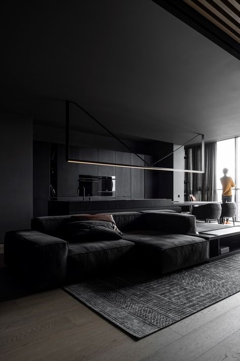 Black Living Room Ideas, Monochrome Apartment, Black House Interior, Dark Interior Design, Interior Design Career, Black Houses, Black Rooms, Interior Design Per La Casa, Black Interior Design