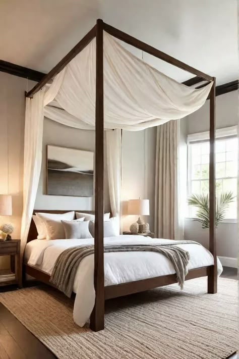 Serene bedroom with airy canopy bed and natural textures Neutral Apartment Decor, Opulent Bedroom, Mediterranean Bedroom, Canopy Bed Curtains, Black Bedroom Decor, Guest Bedroom Makeover, Canopy Bedroom, Guest Bedroom Decor, Apartment Bedroom Decor