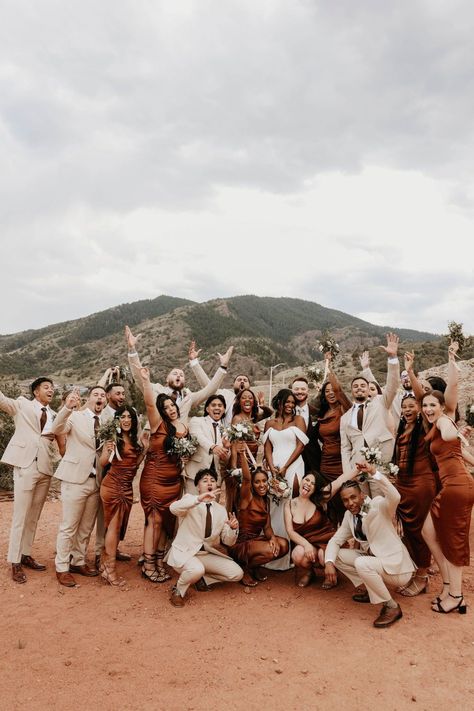 Burnt Orange Wedding Ceremony, Boho Wedding Burnt Orange, Boho Wedding Orange, Arizona Wedding Bridesmaids, Burnt Orange Mismatched Bridesmaids, Burnt Orange And Beige Wedding, September Wedding Bridesmaids, Bridesmaid Orange Dresses, Tan And Burnt Orange Wedding