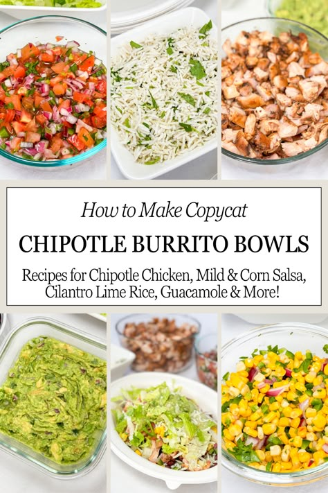 Tonight, stay in and build your own Chipotle Burrito Bowl with the copycat recipes you know and love. Fluffy rice, black beans, tender chicken, mild & corn salsa, and lots of guacamole. Chipotle And Adobo Recipes, Chipotle's Chicken Recipe, Chicken Bowl Chipotle Recipe, Qdoba Chicken Bowl, Chipotle Rice Bowl Copycat, Copycat Qdoba Corn Salsa, Chipotle Copycat Bowl, Copycat Chipotle Guacamole Recipe, Copycat Chipotle Carnitas