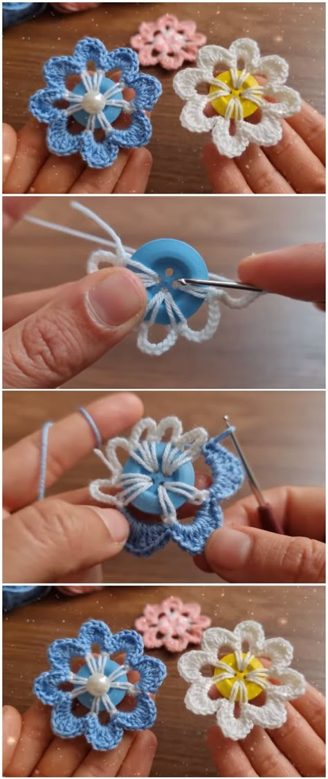 Finished Crochet Projects, Crochet On Buttons Flower Patterns, Crochet Around A Button, Crochet Button Earrings Free Pattern, Sewing Projects With Buttons, Button Diy Ideas, Crochet Button Flowers Free Pattern, Crochet Projects With Buttons, Crocheting With Buttons