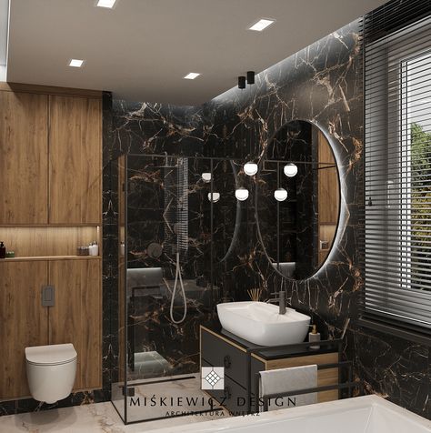 Black Marble And Wood Bathroom, Black Marble Shower Walls, Black Marble Tile Bathroom, Black Marble Bathroom, Black Marble Tile, Black And Gold Bathroom, Marble Tile Bathroom, Plank Tiles, Bathroom Ensuite