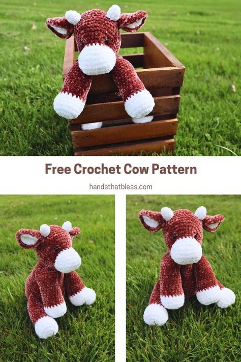 This crochet cow pattern is free and easy to make. Plus, the finished crochet cow is absolutely adorable. Be sure to check out these step by step instructions to make the most adorable crochet cow by following our free pattern. Cow Stuffed Animal Crochet, Caroline The Cow Crochet Pattern, Crochet Patterns Cow Free, Crochet Cow With Sunflower, Diy Cow Stuffed Animal, Crochet Cow Stuffed Animal, Amigurumi Free Pattern Bulky Yarn, Crochet Cow Patterns Free, Crochet Cow Plushie Pattern Free