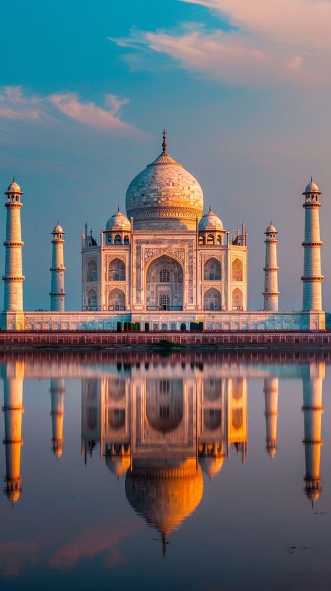 "Taj Mahal #Reflection: The #TajMahal stands majestically under a pastel sky, its image mirrored perfectly in tranquil waters. #Architecture #UNESCO #Heritage #AIArt #AIPhoto #StockCake ⬇️ #Download and 📝 #Prompt 👉 https://stockcake.com/i/taj-mahal-reflection_599414_837027" Taj Mahal Pics, Tajmahal Photography Taj Mahal, Taj Mahal Pictures, Taj Mahal Aesthetic, Taj Mahal Photo, Taj Mahal Image, Indian Places, 7 World Wonders, Tac Mahal