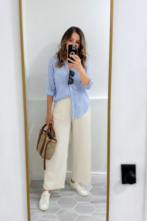 Casual Work Outfits Summer Office Wear, Tan Linen Pants Outfit, Linen Pants Outfit Summer, White Linen Pants Outfit, Wide Pants Outfit, Linen Pants Style, White Pants Outfit, Linen Pants Outfit, Wide Leg Pants Outfit