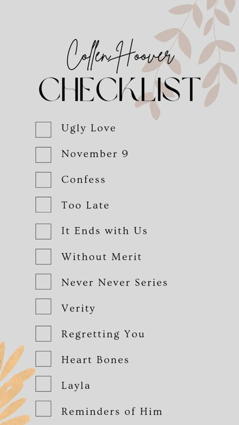 Collen Hoover Book Checklist Coho Books List, Reminder Of Him Aesthetic, Colleen Hoover Book List, Collen Hoover Checklist, Books From Booktok, Booktok Book List, Colleen Hoover Book Checklist, Collen Hoover Verity, Collen Hover All Books