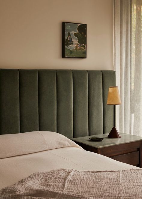 Clean-Lined Meets Warm and Welcoming: Designer Brahman Perera Terra House in Melbourne Headboard With Lights, Cushion Headboard, Padded Headboard, Grey Velvet, Bed Styling, Upholstered Headboard, Soft Velvet, Headboards For Beds, Furniture Accessories