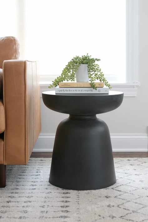 A Bold, Black Side Table from eBay in the Family Room | The DIY Playbook Side Table Decor Living Room, Side Table Styling, Rectangular Living Rooms, Floor Makeover, Drum Side Table, Side Table Decor, Table Decor Living Room, Couch Diy, Black Coffee Tables