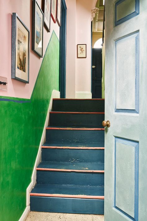 Black Painted Stairs, Oxford House, English Townhouse, Antibes Green, Dark Brown Walls, White Staircase, Oxfordshire England, Blue Gray Paint, Victorian Townhouse