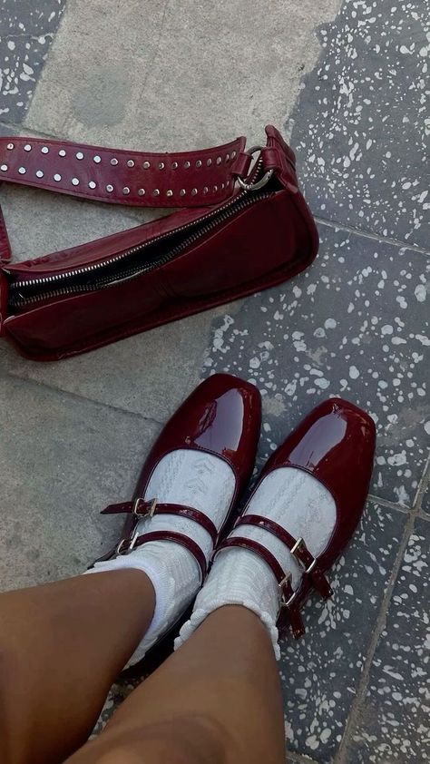 Maroon Shoes Outfit Women, Maroon Mary Janes, Red Mary Jane Shoes Outfit Ideas, Cherry Red Mary Janes, Wine Shoes Outfit, Wine Red Shoes, Burgundy Mary Janes Outfit, Cherry Red Shoes Outfit, Burgundy Mary Janes