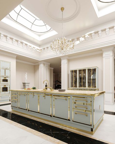 The Neoclassic Project - Officine Gullo Castle Kitchen Aesthetic, Grand Kitchen Luxury, Huge Kitchen Luxury, Desain Pantry Dapur, Castle Kitchen, Officine Gullo, Castle Kitchens, Royal Kitchen, Dream House Aesthetic