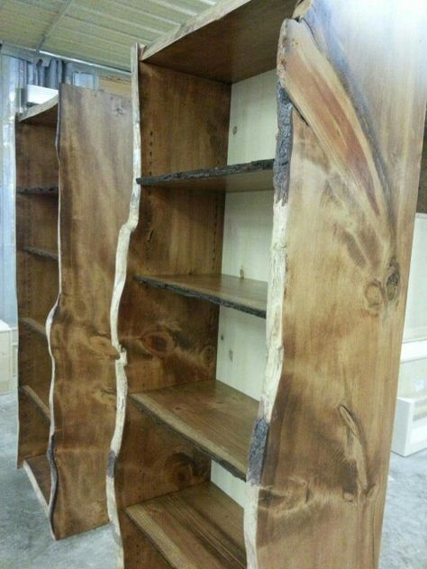 Live Edge Bookshelf Built Ins, Raw Edge Bookshelf, Live Edge Shelving Ideas, Rustic Bookshelves Diy, Rustic Built In Bookshelves, Live Edge Bookcase, Live Edge Trim, Live Edge Bookshelf, Diy Bookcases