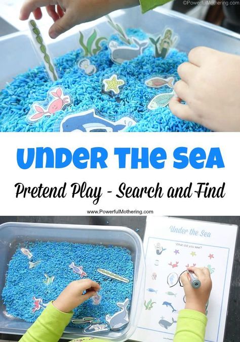 Great for sensory, imaginative and Under the Sea Pretend Play has the added bonus of Search and Find to learn about things under the sea! Great for older toddlers and preschoolers as part of a theme. Beach Themed Classroom Activities, Preschool Ocean, Ocean Theme Preschool, Under The Sea Crafts, Sea Party Ideas, Sea Activities, Ocean Unit, Ocean Activities, Sea Crafts