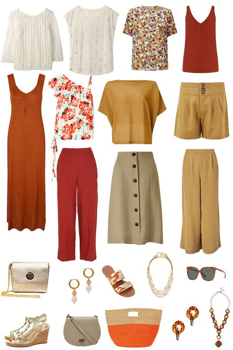 A Summer Capsule Wardrobe in Earthy Tones. All the pieces and 22 outfit ideas from day to evening and casual to smart #capsulewardrobe #outfitideas #womenover50 #summeroutfits #casualoutfits #eveningoutfits Warm Autumn Spring Capsule Wardrobe, Terracotta Capsule Wardrobe, True Autumn Spring Capsule Wardrobe, True Autumn Summer Capsule Wardrobe, Warm Autumn Summer Capsule, Deep Autumn Summer Wardrobe, Deep Autumn Color Palette Outfits For Summer, Deep Autumn Capsule Wardrobe Summer, Dark Autumn Summer Wardrobe