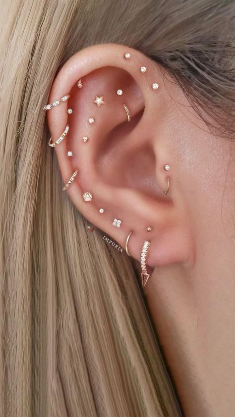 Ear Piercing Jewelry & Cartilage Earrings | Impuria on Reels | Three Flat Ear Piercings, 3 Forward Helix Piercing, Cartlidge Earring Idea, Cartlidge Earring Ideas, Pericings Ideas Ears, Full Ear Piercing Ideas, Cartlidge Earring Placement, Flat Ear Piercings Ideas, Flat Cartilage Piercing