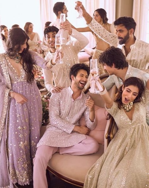 South Indian Celebrity Weddings, Indian Celebrity Outfits Traditional, Traditional Family Photoshoot Indian, Punjabi Wedding Family Outfits, Family Wedding Photos Indian, Abhinav Mishra Mens Wear, Family Theme Dress For Indian Wedding, Indian Wedding Family Outfits, Reception Dress For Groom Sister