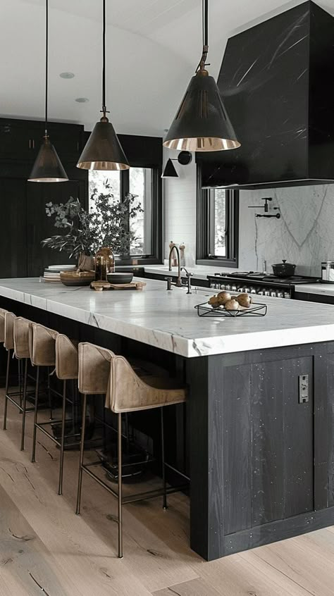 White Black And Wood Kitchen Modern, Pull Out Kitchen Cabinets, Mountain Cabin Kitchen, Black And White Farmhouse Kitchen, Sleek Kitchen Cabinets, Modern Black And White Kitchen, Kitchen Design Ideas 2023, Square Island, Black And White Kitchen Ideas