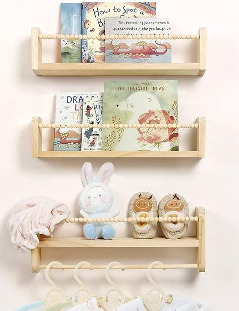 Amazon.com: Maxpeuvon Nursery Floating Shelves for Wall, Set of 3 Book Shelves Natural Wood Wall Mounted Organizer with Towel Bar Hanging Bookshelves Nursery Decor for Kids Room, Bedroom and Kitchen : Home & Kitchen Girl Nursery Shelves, Nursery Floating Shelves, Bookshelves Nursery, Wood Bookshelf Wall, Hanging Bookshelves, Bookshelves Decor, Toy Storage Organizer, Floating Books, Nursery Book