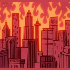 Burning City, Giant Bomb, Character Design Concept Art, Background Reference, Mid Century Illustration, City Cartoon, Girl Background, City Background, Powerpuff Girl