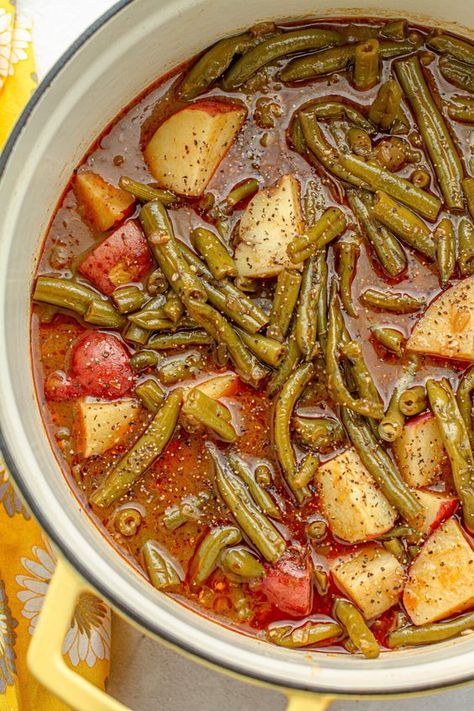 Cajun Smothered Green Beans & Potatoes Recipe | Meiko and The Dish Cajun Green Beans, Southern Green Bean Recipes, Smothered Green Beans, Green Beans Potatoes, Baked Bbq Ribs, Southern Greens, Beans And Potatoes, Beans Potatoes, Creamy Potatoes