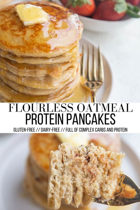 Oatmeal Protein Pancakes are full of complex carbohydrates, fiber, and protein for a balanced breakfast. Delicious enough for weekend breakfasts and healthy enough for enjoying daily. Fluffy Oatmeal, Pancakes Oats, Oatmeal Protein Pancakes, Oatmeal Pancakes Healthy, Oatmeal Pancakes Recipe, Am Routine, Oatmeal Protein, College Cooking, Breakfast Protein